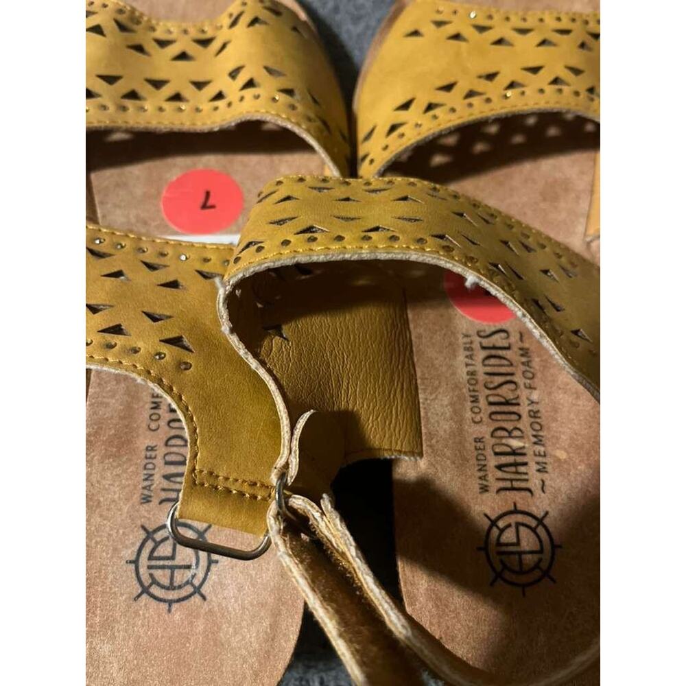Harborsides Sandals Womens 7 Mustard Yellow Cutout Memory Foam Wedge Slingback - Picture 3 of 4